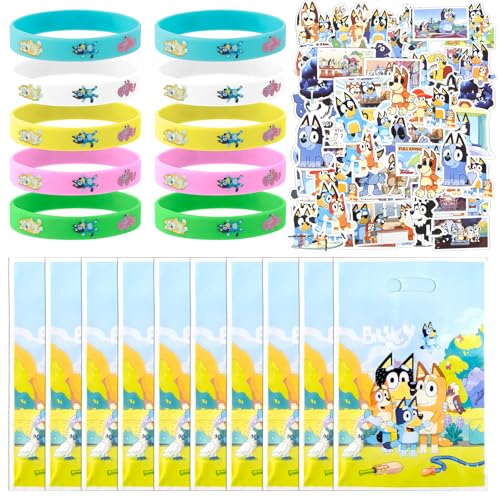 Dekewe 70 Stück Kinder Party Mitgebsel Kit, Blue Geburtstag Mitgebsel Kinder, Blue-y Mitgebsel Geburtstag Party Favors mit Geburtstag Tüten, Silikonarmband und Aufkleber von Dekewe