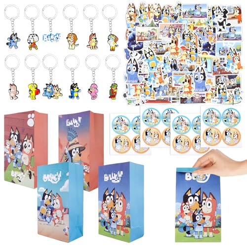 Dekewe 74 Stück Kinder Party Mitgebsel Kit, Blue Geburtstag Mitgebsel Kinder, Dog Mitgebsel Geburtstag Party Favors mit Schlüsselanhänger Geschenktüte Taschenaufkleber Aufkleber von Dekewe