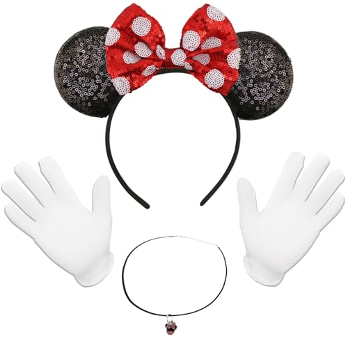 Dekewe Mouse Ears Haarreifen, Kostüm Damen mit Glitzer Maus Ohren Schleife, Handschuhe, Enamel Charms Halskette, für Cosplay-Kostüme, Verkleidungszubehör Partys, Festivals, Karneval von Dekewe