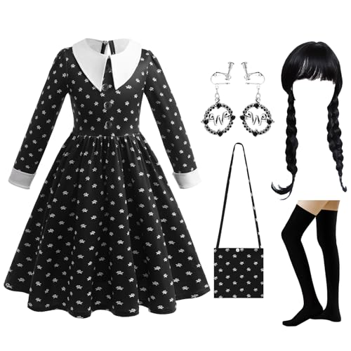 Gothic Kleid Mädchen Kostüm Kinder 110-160cm, Filmheldin Cosplay Kostüm Set Karneval Kostüm Mädchen Mit Perücke Ohrringe Tasche Socken, Kinder Faschingskostüm Mädchen für Karneval Halloween Party von Dekewe