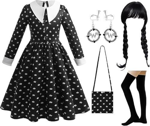 Gothic Kleid Mädchen Kostüm Kinder 110-160cm, Filmheldin Cosplay Kostüm Set Karneval Kostüm Mädchen Mit Perücke Ohrringe Tasche Socken, Kinder Faschingskostüm Mädchen für Karneval Halloween Party von Dekewe