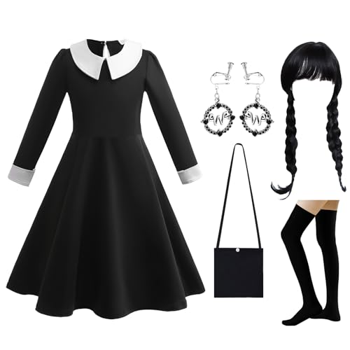 Gothic Kleid Mädchen Kostüm Kinder 110-160cm, Filmheldin Cosplay Kostüm Set Karneval Kostüm Mädchen Mit Perücke Ohrringe Tasche Socken, Kinder Faschingskostüm Mädchen für Karneval Halloween Party von Dekewe