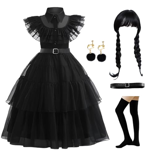 Kostüm Kinder Gothic Kleid Mädchen 2-11 Jahre, Filmheldin Cosplay Kostüm Set Karneval Kostüm Mädchen Mit Perücke Ohrringe Gürtel Socken, Kinder Faschingskostüm Mädchen für Karneval Halloween Party von Dekewe