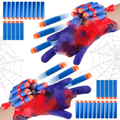 Spider Handschuhe, 2 Set Spider Launcher Handschuhen Kinder, Spider Web Shooter Spider Netzwerfer, Spider Netz Shooter mit 30 Darts, Spider Spielzeug Handschuhen für Kinder Cosplay von Dekewe