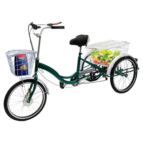 20" Dreirad für Erwachsene, 3-Rad 6-Gang Dreirad Fahrrad Tricycle mit 2 Shopping Korb - Vorderen und Hinteren Trommelbremsen, Senioren Dreirad für Erholung, Einkaufen, Picknicks - Bis 100kg (Grün) von Dekltus