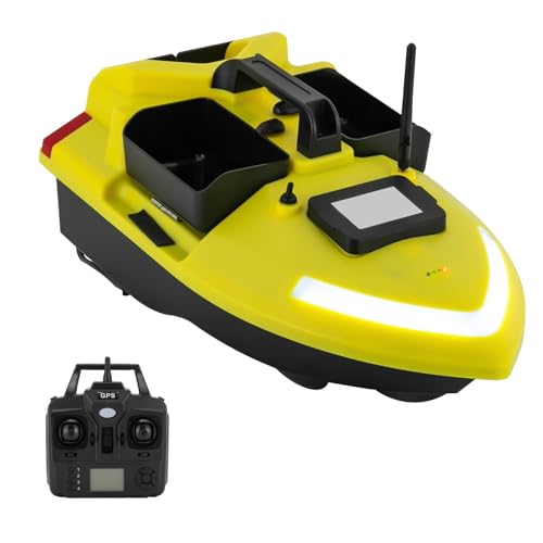 Dekltus GPS Futterboot, 500M Köderboot mit Fernsteuerung/Suchscheinwerfer/Ladegerät unb 12000mAh Lithium-Batterie - Tragfähigkeit 2 kg, Fischköder Boot für Angler (Gelb) von Dekltus