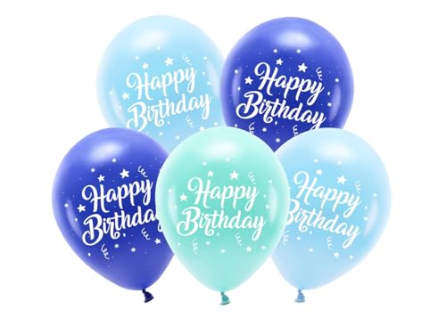 Pastell-Eco-Ballons, dunkelblau, hellblau und mint, beidseitiger Druck "Happy Birthday", Ø 26 cm, 5er-Pack von DekoHaus