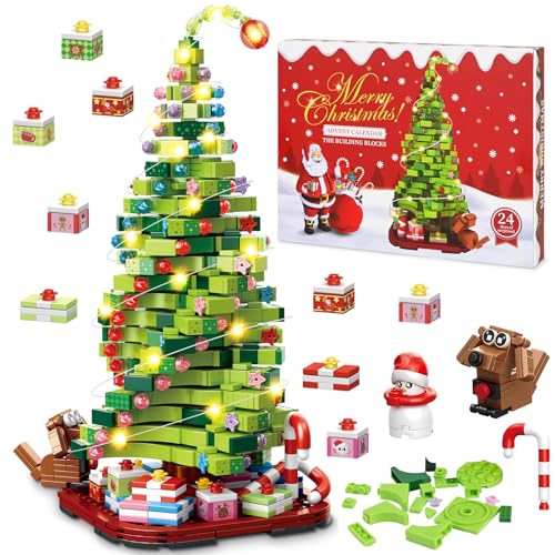 Adventskalender 2024 Weihnachtsbaum Bausteine Set mit Licht, 1206 Stück Weihnachten Countdown Kalender für Kinder Erwachsene Mädchen Jungen 24 Tage Grün Kreative Stuffers Adventskalender Urlaub von Dekoresyon