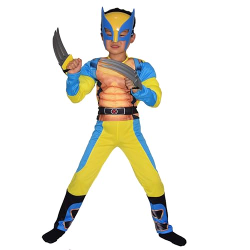 Delanhon Superhelden-Kostüm für Jungen, Muskel-Outfit, Halloween, Cosplay, Overall, Maske, Kralle für Kinder von 3–10 Jahren (Stil 1, L) von Delanhon