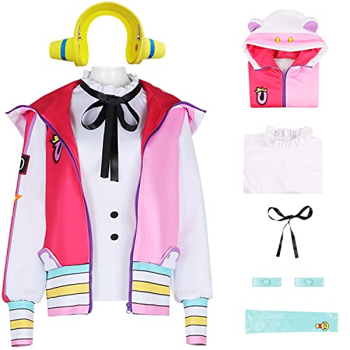 DEleventh Uta Kostüm Damen Cosplay ONEPiece Movie Weltsänger Uta Anime RotRosa Taschenjacke Shirt mit Zubehör Kopfhörer Requisiten für Halloween Party Karneval Erwachsene Geschenke Höhe 150-180cm,3XL von Deleventh