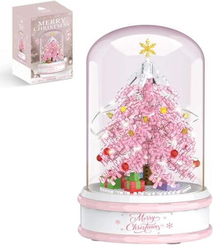 DelightCube Weihnachtsbaum DIY Bausteine Spieluhr Mit Staubdichter Kuppel,Weihnachten Spieluhr Bausteine Bausatz, 276 Klemmbausteine Drehbare Weihnachtsbaum Modellbausatz (Pink) von DelightCube