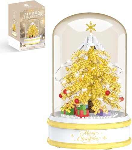 DelightCube Weihnachtsbaum DIY Bausteine Spieluhr Mit Staubdichter Kuppel,Weihnachten Spieluhr Bausteine Bausatz, 276 Klemmbausteine Drehbare Weihnachtsbaum Modellbausatz (Yellow) von DelightCube