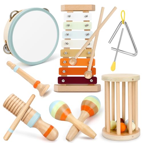 Musikinstrumente für Kinder,Montessori-Holzspielzeug für Kleinkinder von 1-3 Jahren,Kleinkind Schlaginstrumente Spielzeug,Xylophon Tamburin Natürliche Hölzerne Musik Set für Kinder Vorschulbildung 3+ von Delisouls