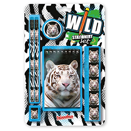 Deluxebase Wild Stationery Set - Weißer Tiger niedlichen Stationären Schulsets für Jungen enthalten 2 Bleistifte, Radiergummi, Spitzer, Lineal und Notizbuch von Deluxebase