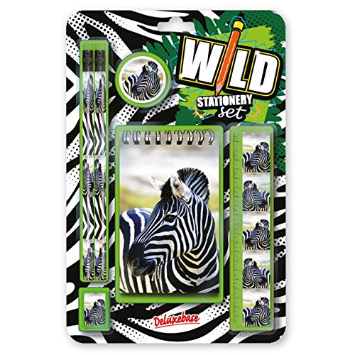 Deluxebase Wild Stationery Set – Zebra aus diesen lustigen Schulbedarf-Sets enthalten 2 Bleistifte, einen Radiergummi, einen Anspitzer, EIN Lineal und EIN Notizbuch, Schreibwaren-Set von Deluxebase