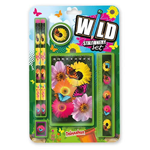 Wild Stationery Set - Schmetterling von Deluxebase. Diese niedlichen Stationären Schulsets für Mädchen enthalten 2 Bleistifte, Radiergummi, Spitzer, Lineal und Notizbuch von Deluxebase