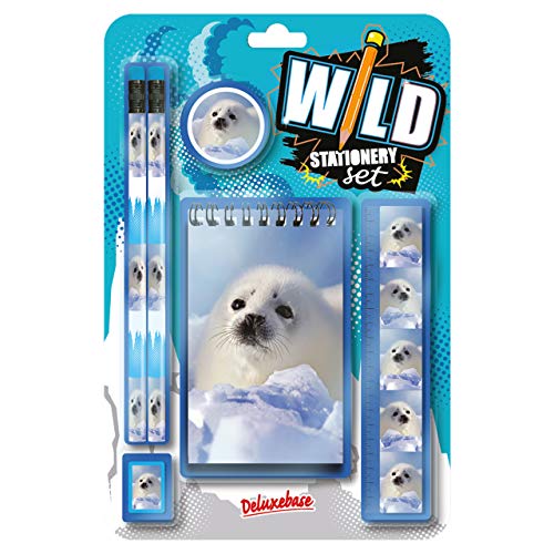 Wild Stationery Set - Seehund von Deluxebase. Diese niedlichen Stationären Schulsets für Mädchen enthalten 2 Bleistifte, Radiergummi, Spitzer, Lineal und Notizbuch von Deluxebase