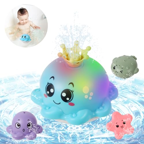 Delycazy Badewannenspielzeug Baby Badespielzeug Wasserspielzeug ab 1 2 3 Jahre, Kinder LED Oktopus Induction Automatischer Wasserstrahl Pool Spielzeug für Baby von Delycazy