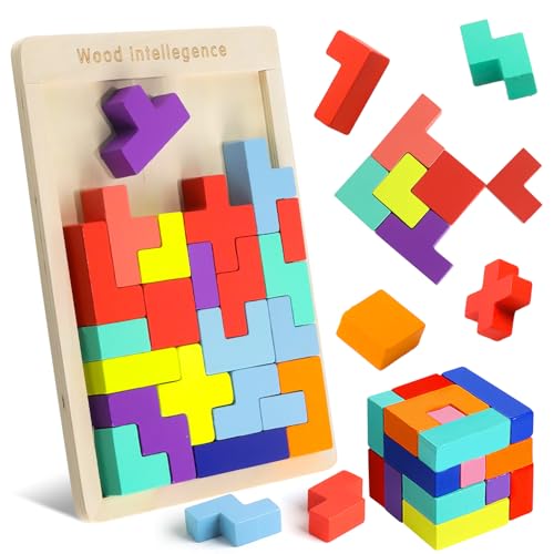 Demarsen 3D Puzzle Tetris Spiel Kinder Holz Tangram Puzzle mit 30 Stück Intelligenz Bunte Bausteine 3 in 1 Tangram Holzpuzzle Kinder Montessori Spielzeug Lernspielzeug Geschenk für Jungen Mädchen von Demarsen