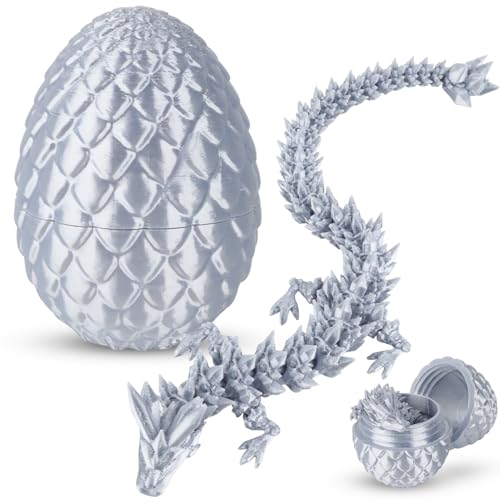 Demarsen 3D Gedrucktes Drachenei, Drachenei mit Drache, Realistische Beweglicher Drachen Spielzeug, Flexible Gelenke, Überraschung Easter Wohnkultur Erwachsene Kinder Geschenke Spielzeug (Silber) von Demarsen