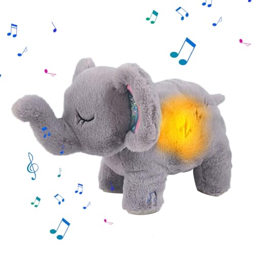 Demiawaking Atmendes Elefant Plüschfigur, Elefant Kuscheltiere 4 Gang Einstellung, weich Puppe Elefant Plüschpuppe mit Musik und LED, Kinder Geburtstagsgeschenk (Grau) von Demiawaking