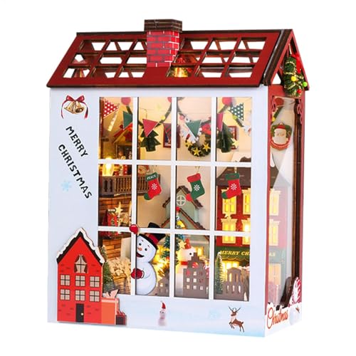 12 x 19 x 25 cm Weihnachtsbuch-Ecken-Set, Miniatur-Buchecken-Kit für Erwachsene, Miniatur-Puppenhaus-Set, Weihnachten, dekorative Buchstützen aus Holz mit LED-Holz-Puzzle-Haus für Weihnachtsferien von Demsyeq