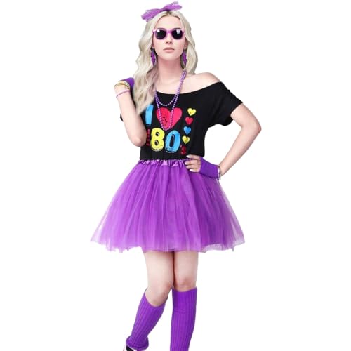 Demsyeq 80er-Jahre-Kostüme für Damen, Handschuhe, Leggings, Tutu-Rock, Kostümzubehör-Set, schulterfreies Top, Cosplay, 80er-Jahre-Kleidung für Damen von Demsyeq