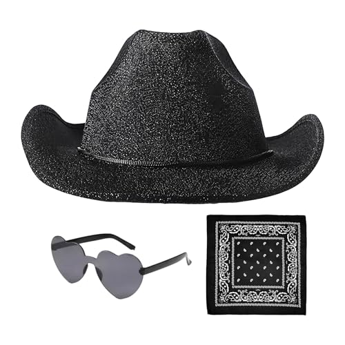 Demsyeq Cowboyhüte für Damen – Cowgirl-Hut, Cowboyhut, 3 x glitzernde Hüte mit Bandana und Brille, verstellbarer Kordelzug, Westernhut, Western-Kostüm-Zubehör von Demsyeq