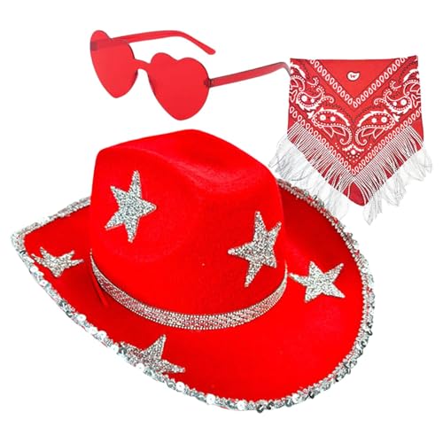 Demsyeq Cowboyhut mit Strass, 3 x Strass-Stern-Quaste, Bandana, Cosplay-Zubehör-Set, glitzernder Cowgirl-Hut für Disco-Partys, Western-Hochzeit, Cosplay von Demsyeq