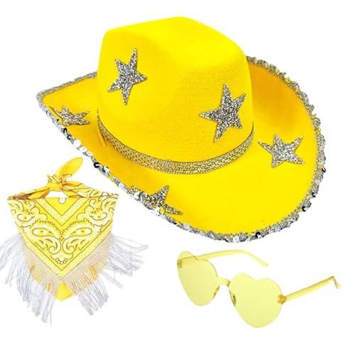 Demsyeq Cowgirl-Hut mit Strasssteinen, 3 x Strass-Stern-Quaste, Bandana, Cosplay-Zubehör-Set, glitzernder Cowgirl-Hut für Disco-Partys, Western-Hochzeit, Cosplay von Demsyeq