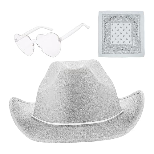 Demsyeq Cowgirl-Partyhüte | Glitzer-Hüte, Cowboyhut, 3 x glitzernde Hüte mit Bandana und Brille, verstellbarer Kordelzug, Westernhut, Western-Kostüm-Zubehör von Demsyeq