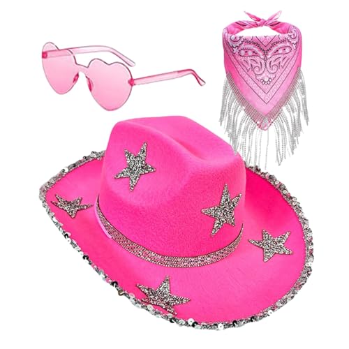 Demsyeq Glitzernder Cowgirl-Hut, 3 x Strass-Stern-Quaste, Bandana, Cosplay-Zubehör-Set, glitzernder Cowgirl-Hut für Disco-Partys, Western-Hochzeit, Cosplay von Demsyeq