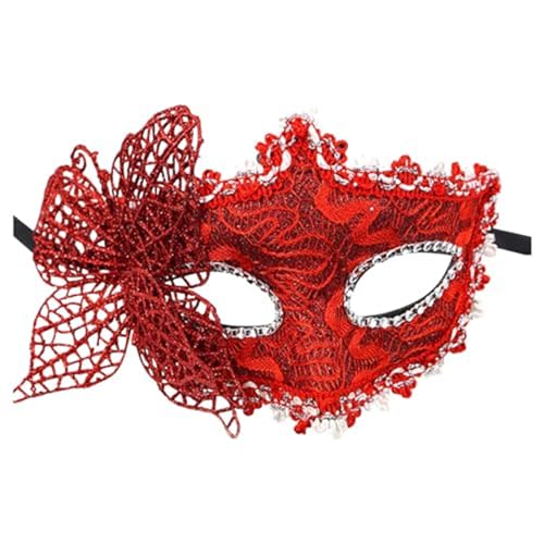 Denxahao Venezianische Maske, Maskenball Spitzenmaske, Damen Elegant Kostüm Maske Feder Augenmaske Ballmaske, Retro Maskerade Maske für Halloween Karneval Party Kostüm Ball (A/Rot) von Denxahao