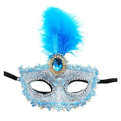 Denxahao Venezianische Maske, Maskenball Spitzenmaske, Damen Elegant Kostüm Maske Feder Augenmaske Ballmaske, Retro Maskerade Maske für Halloween Karneval Party Kostüm Ball (B/Blau) von Denxahao