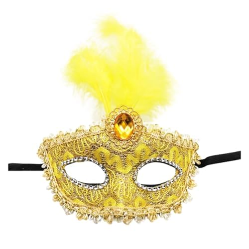 Denxahao Venezianische Maske, Maskenball Spitzenmaske, Damen Elegant Kostüm Maske Feder Augenmaske Ballmaske, Retro Maskerade Maske für Halloween Karneval Party Kostüm Ball (B/Gelb) von Denxahao