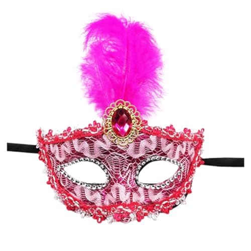 Denxahao Venezianische Maske, Maskenball Spitzenmaske, Damen Elegant Kostüm Maske Feder Augenmaske Ballmaske, Retro Maskerade Maske für Halloween Karneval Party Kostüm Ball (B/Hot Rosa) von Denxahao