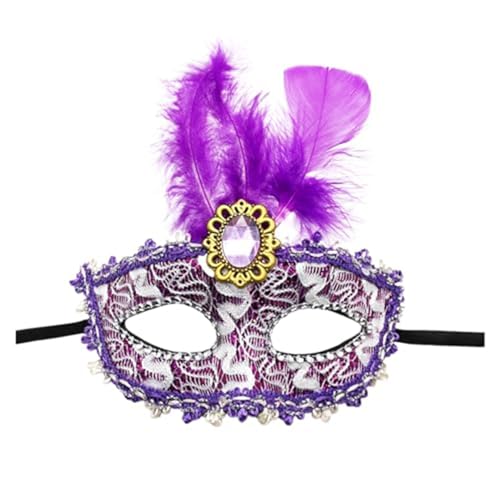 Denxahao Venezianische Maske, Maskenball Spitzenmaske, Damen Elegant Kostüm Maske Feder Augenmaske Ballmaske, Retro Maskerade Maske für Halloween Karneval Party Kostüm Ball (B/Lila) von Denxahao