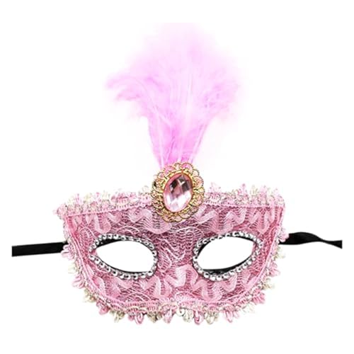 Denxahao Venezianische Maske, Maskenball Spitzenmaske, Damen Elegant Kostüm Maske Feder Augenmaske Ballmaske, Retro Maskerade Maske für Halloween Karneval Party Kostüm Ball (B/Rosa) von Denxahao