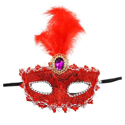 Denxahao Venezianische Maske, Maskenball Spitzenmaske, Damen Elegant Kostüm Maske Feder Augenmaske Ballmaske, Retro Maskerade Maske für Halloween Karneval Party Kostüm Ball (B/Rot) von Denxahao