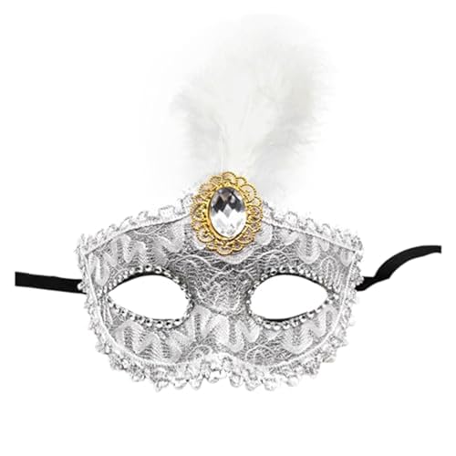 Denxahao Venezianische Maske, Maskenball Spitzenmaske, Damen Elegant Kostüm Maske Feder Augenmaske Ballmaske, Retro Maskerade Maske für Halloween Karneval Party Kostüm Ball (B/Silber) von Denxahao