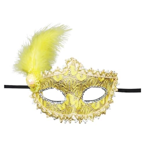 Denxahao Venezianische Maske, Maskenball Spitzenmaske, Damen Elegant Kostüm Maske Feder Augenmaske Ballmaske, Retro Maskerade Maske für Halloween Karneval Party Kostüm Ball (C/Gelb) von Denxahao