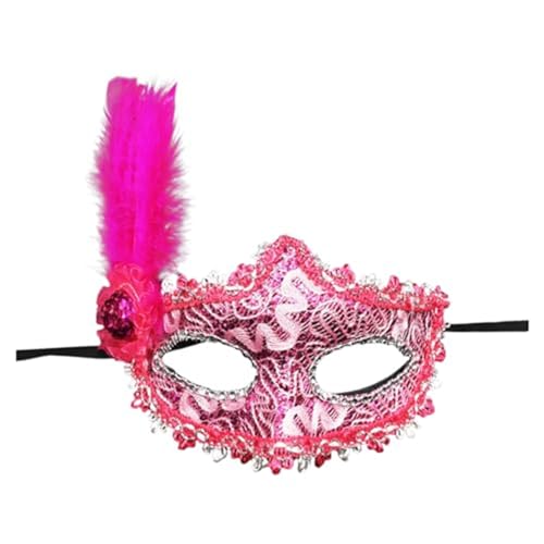 Denxahao Venezianische Maske, Maskenball Spitzenmaske, Damen Elegant Kostüm Maske Feder Augenmaske Ballmaske, Retro Maskerade Maske für Halloween Karneval Party Kostüm Ball (C/Hot Rosa) von Denxahao