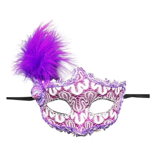 Denxahao Venezianische Maske, Maskenball Spitzenmaske, Damen Elegant Kostüm Maske Feder Augenmaske Ballmaske, Retro Maskerade Maske für Halloween Karneval Party Kostüm Ball (C/Lila) von Denxahao