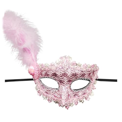 Denxahao Venezianische Maske, Maskenball Spitzenmaske, Damen Elegant Kostüm Maske Feder Augenmaske Ballmaske, Retro Maskerade Maske für Halloween Karneval Party Kostüm Ball (C/Rosa) von Denxahao