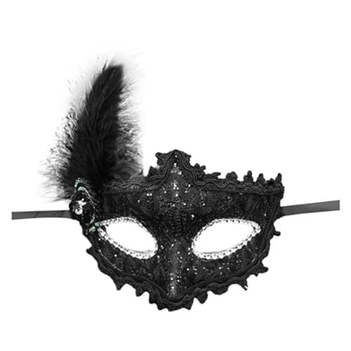 Denxahao Venezianische Maske, Maskenball Spitzenmaske, Damen Elegant Kostüm Maske Feder Augenmaske Ballmaske, Retro Maskerade Maske für Halloween Karneval Party Kostüm Ball (C/Schwarz) von Denxahao