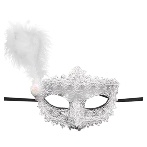 Denxahao Venezianische Maske, Maskenball Spitzenmaske, Damen Elegant Kostüm Maske Feder Augenmaske Ballmaske, Retro Maskerade Maske für Halloween Karneval Party Kostüm Ball (C/Silber) von Denxahao