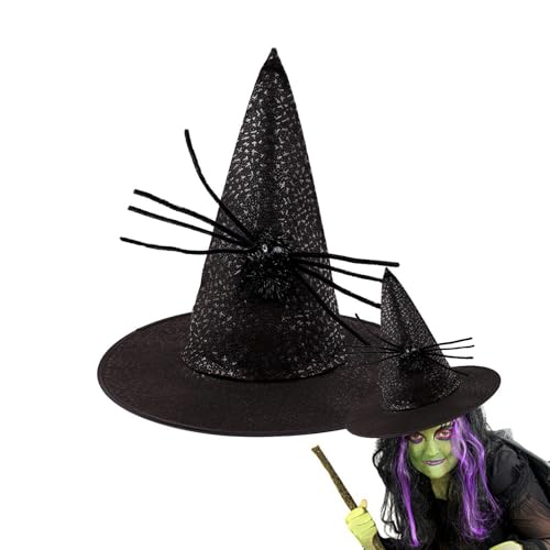 Deojtga Halloween Hexenhut, Spinnenhexenhut,Spitzhut-Accessoire für Mädchen mit breiter Krempe - Halloween Hexe Zubehör Zauberer Spitze Kappen Halloween Schwarz Spinne Zauberer Hut Frauen Erwachsene von Deojtga