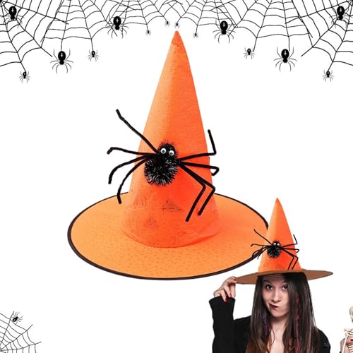 Deojtga Hexenhut,Halloween Zaubererhut - Hexenhüte für Frauen | Damen Hexenhut mit breiter Krempe, schwarzer Spinnen-Zaubererhut, Mädchenhut mit breiter Krempe, spitzer Hut für Halloween, Hofparty, von Deojtga