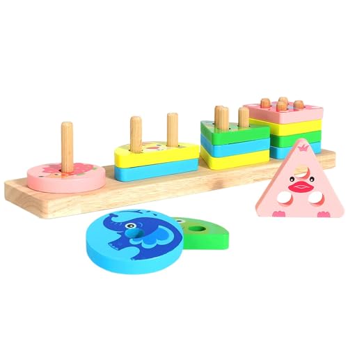 Deojtga Passende Spielzeuge aus Holz, Sortier- und Stapelspielzeug aus Holz, Geometrische Brett-Rätsel für die Frühpädagogik, Tiermusterblöcke, Lernform-Farbbrettspiel für Kinder von Deojtga