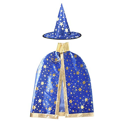 Halloween Zauberer Kostüm, Zauberer Umhang mit Hut Magie Halloween Kostüme für Kinder Junge Mädchen Kostüm Cosplay Festivel Party Blau von Deolven